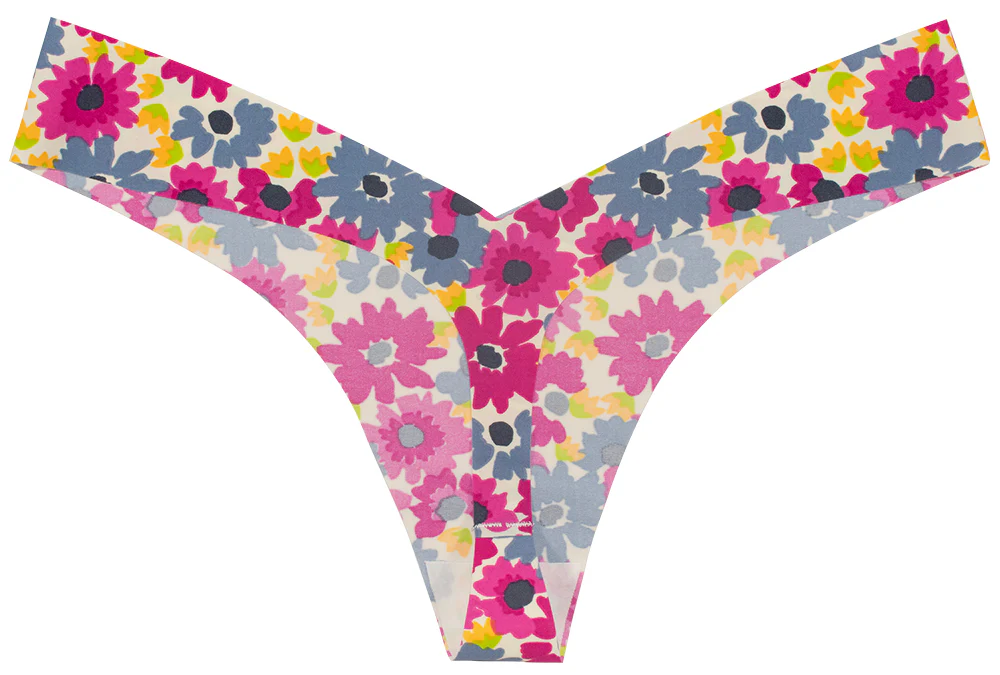 V Front Laser Cut No Show Thong in Pink Floral - Image 4